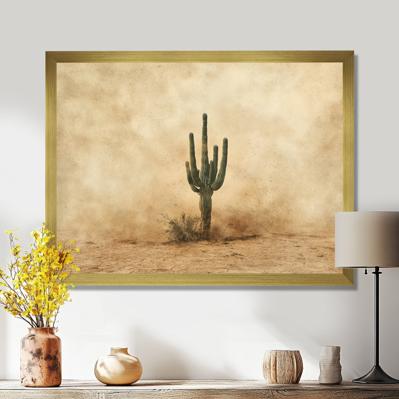 Cactus tempête de sable III - cactus, décoration murale, Cadre simple, H 12 po x l 20 po, Doré