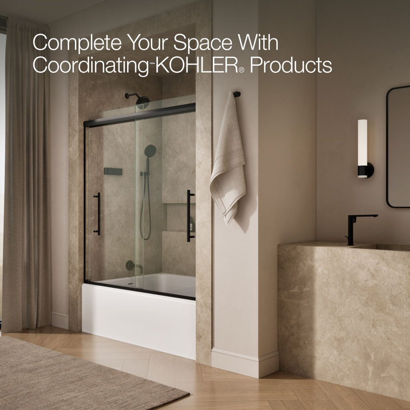 Pleat® 63-9/16"H Frameless Sliding Bath Door with 5/16"-Thick Crystal Clear Tempered Glass, Black