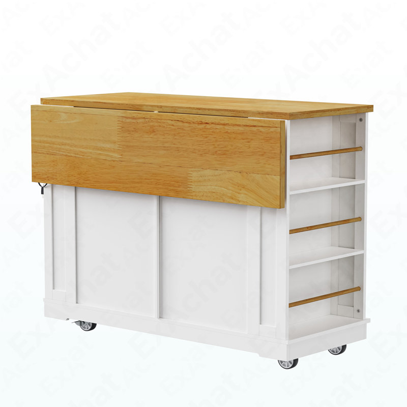 48 Inch Large Kitchen Island With Drop Leaf,Power Outlet,Internal Storage Rack,Rolling Kitchen Storage Cart On 5 Wheels With 5 Open Side Racks For Kitchen,Dining Room