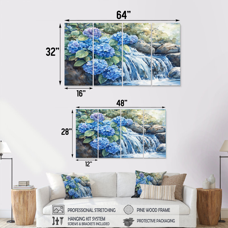 Hydrangées par la chute d'eau II - art mural hortensia - décoration murale traditionnelle, H 28 po x l 48 po, 4