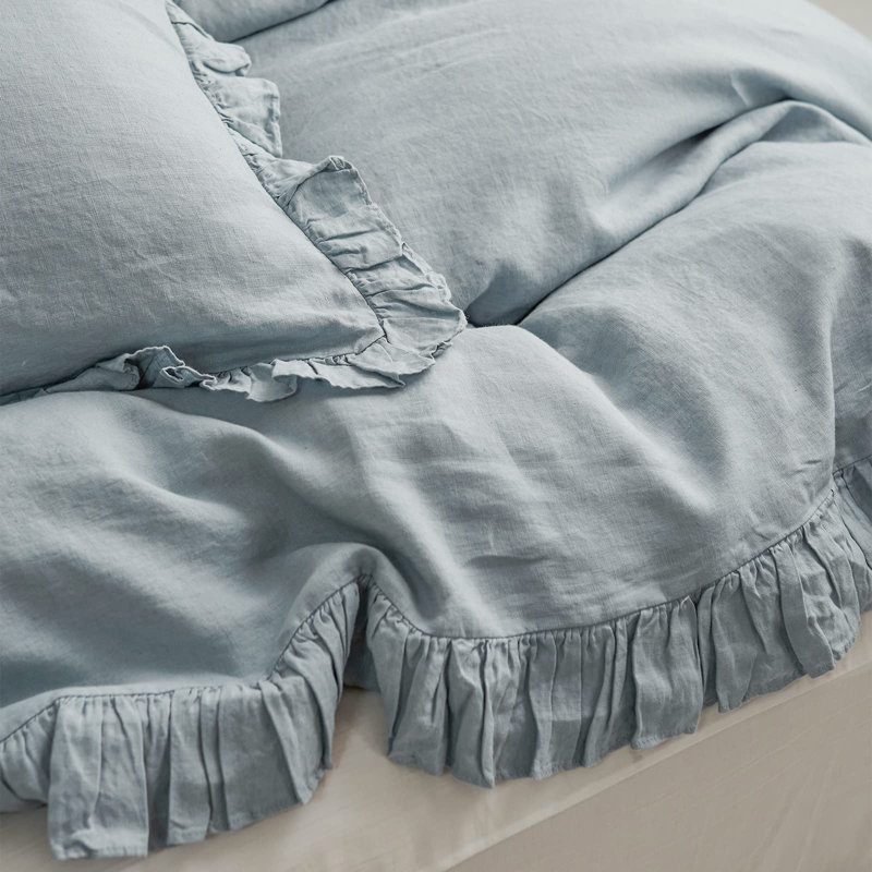 Dusty Blue King Size Linen Ruffled Duvet Cover Set
