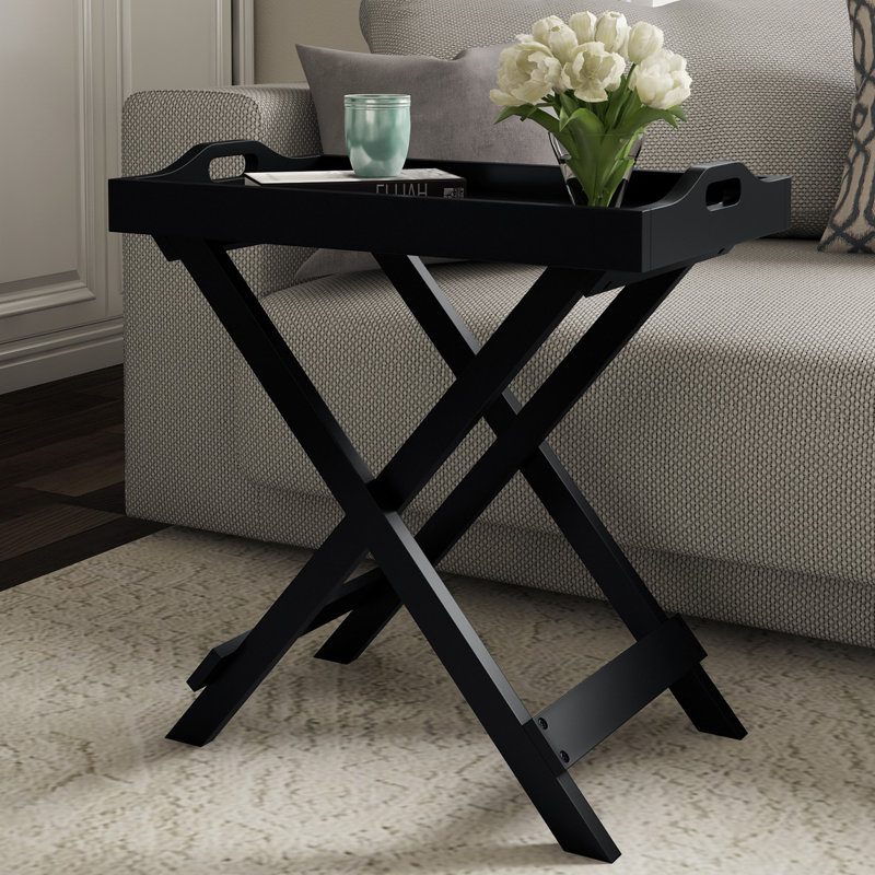 Table de bout pliante Kincheloe - Support en bois avec plateau télé amovible pour le service - Table de chevet, Noir, Noir
