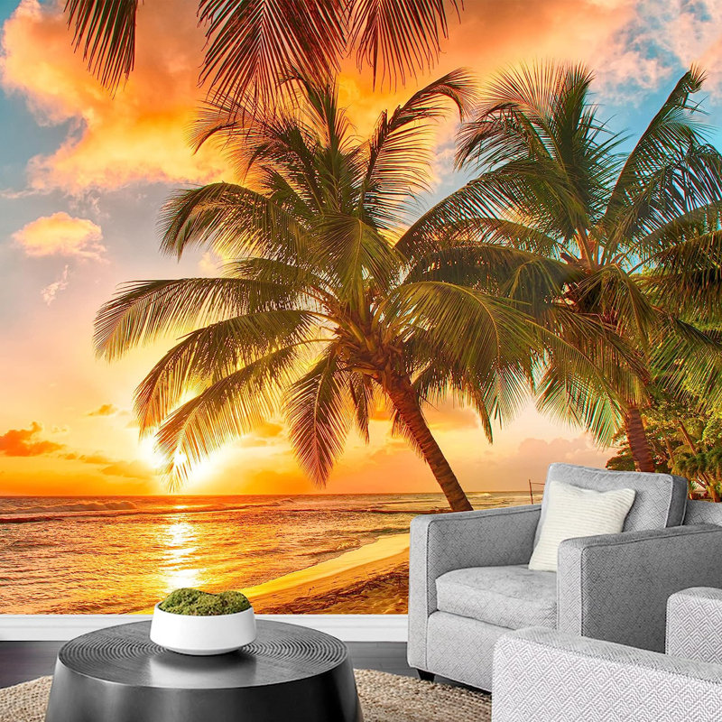 Magnifique coucher de soleil sur la mer avec vue sur des palmiers sur la plage blanche sur une île des Caraïbes de la Barbade, peinture murale