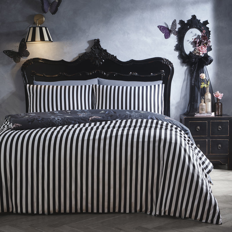 Bows Noir Cotton Blend Striped Duvet Cover Set, King Size Bed (230 x 220 cm)