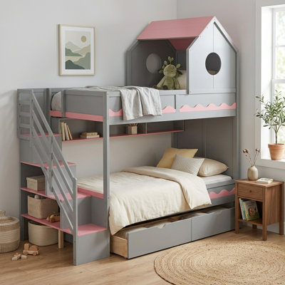 Lit superposé simple au dessus d'un lit simple avec escalier de rangement et tiroirs sous le lit, structure de lit château en bois massif avec bande lumineuse à DEL intégrée, lit de jeu avec toit et garde-corps