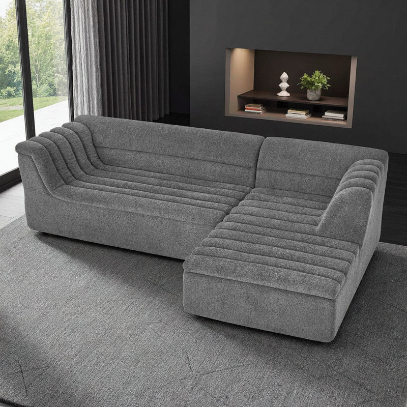 Modular L-Shaped Chenille Sofa & Chaise, 3-Seat Sectional with Square Arms, No Assembly, DARK GREY