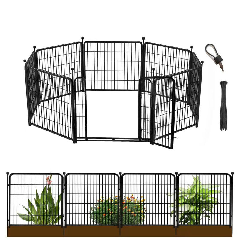 Clôture de jardin 48 po (H) avec barrière, 8 panneaux au total 17,7 pi (L) barrière de fer robuste pour la cour
