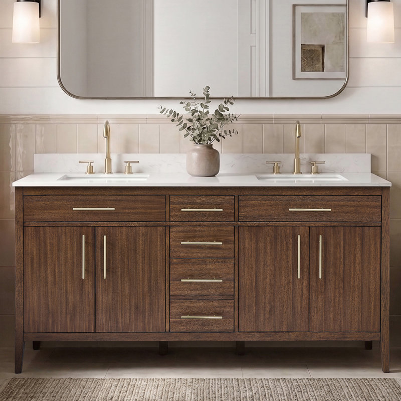 72" Fully Assembled Double Sink Bathroom Vanity with Solid Surface White Granite Top & Backsplash