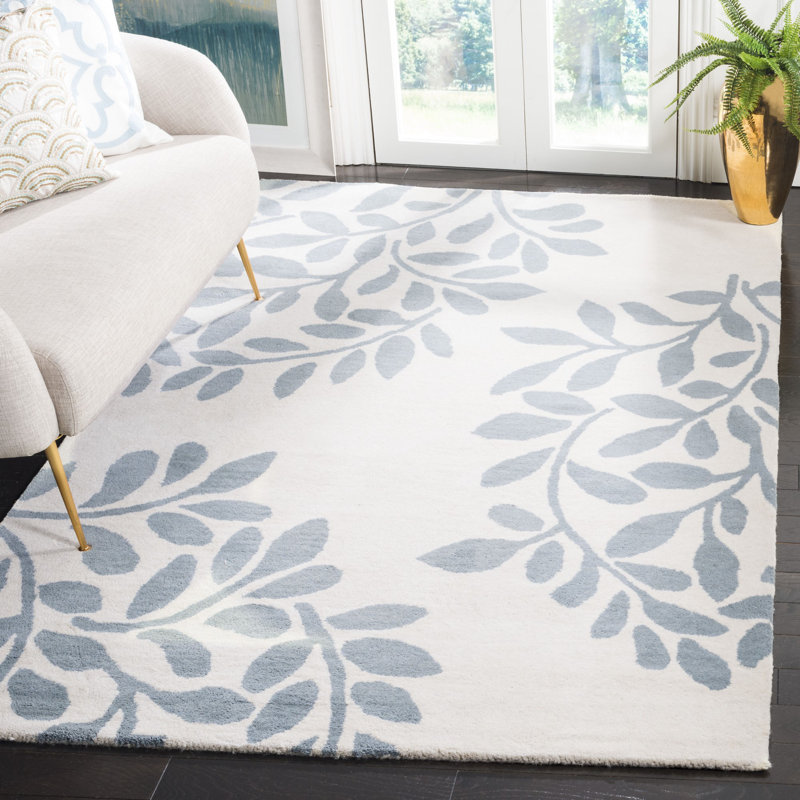 Tapis brun clair / bleu en laine touffeté à la main Leaf Stamp, Rectangle 2 pi 3 po x 8 pi