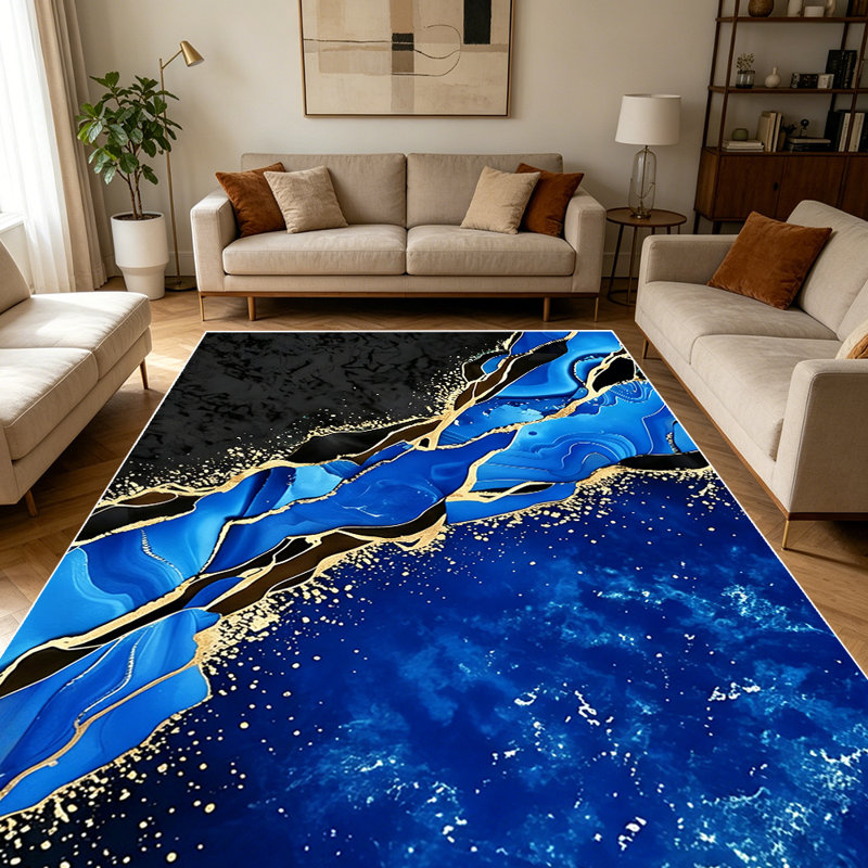 1PC Navy Blue Black Gold Foil Fluid Abstract Marble area rugs for Living Room, Soft and Comfortable, Suitable for all seasons, easy-to-maintain, machine washable Indoor floor mat, Under Table Farmhouse suitable for dining room, bedroom