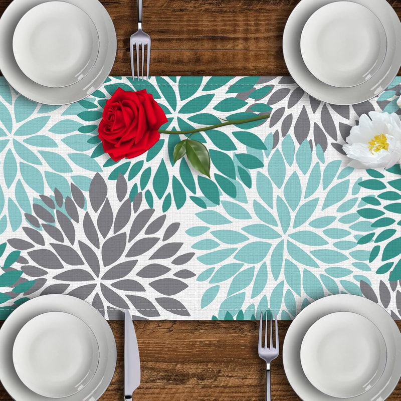 Green Table Runner 72 Inches Long Dahlia Pinnata Flower Pattern Spring Summer Seasonal Farmhouse Kitchen Dining Table Decoration For Indoor Outdoor Home Party Decor (13 X 72 Inch)
