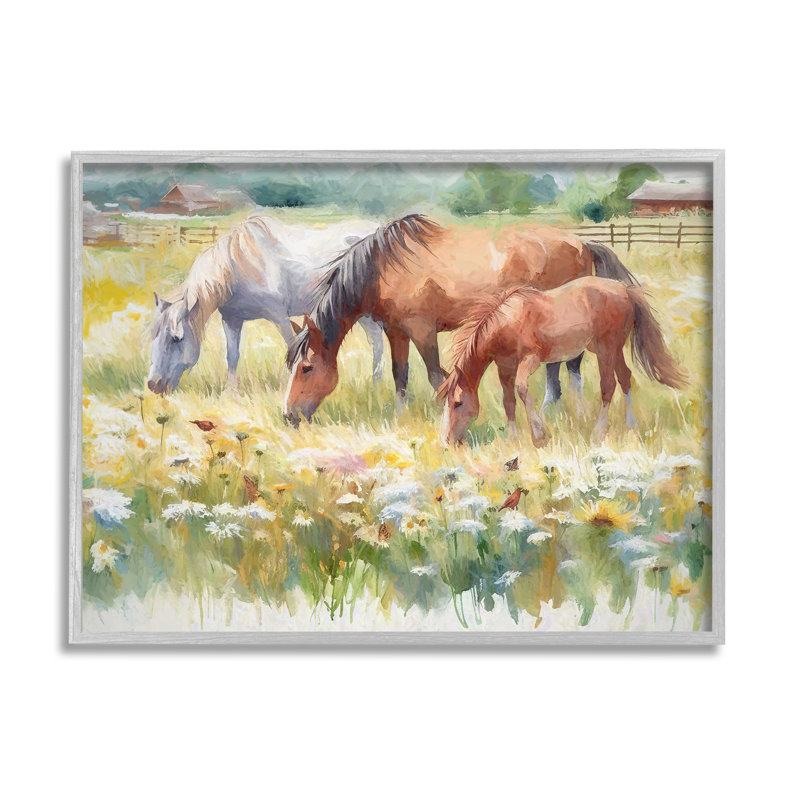 «Grazing Horses in Meadow» par Ramona Murdock, reproduction d'art sur toile flottante, Cadre flottant gris lustré