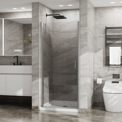 Goodyo 34"X72" Pivot Shower Door, 1/4 Inch Thick Tempered Glass Swing Shower Door In Chrome Finish, Semiframeless Design
