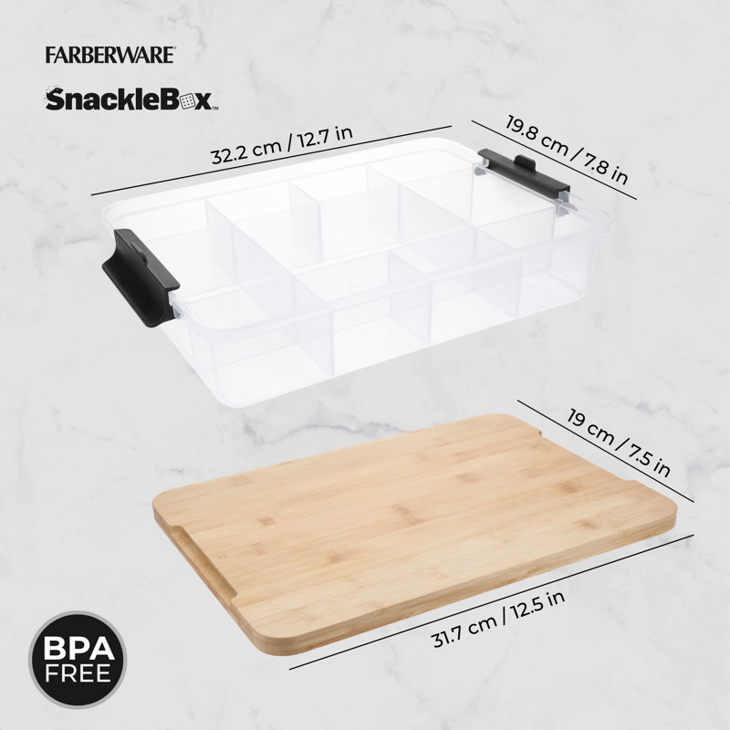 Farberware SnackleBox Bamboo Board and Box, Multi-Purpose Portable Snack Box with 7 Snack Dividers, Rectangle Chopping Board Lid and Black Locking Handles, 20 x 33cm