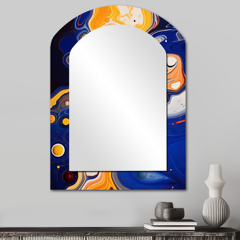 Jaune et bleu liquide encre de rivière III - grand miroir mural à encre liquide, miroir unique asymétrique moderne, impression sur métal