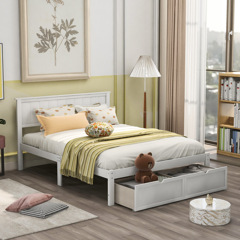 Lit plateforme blanc avec espace de rangement généreux en pin massif et pour une chambre à coucher confortable