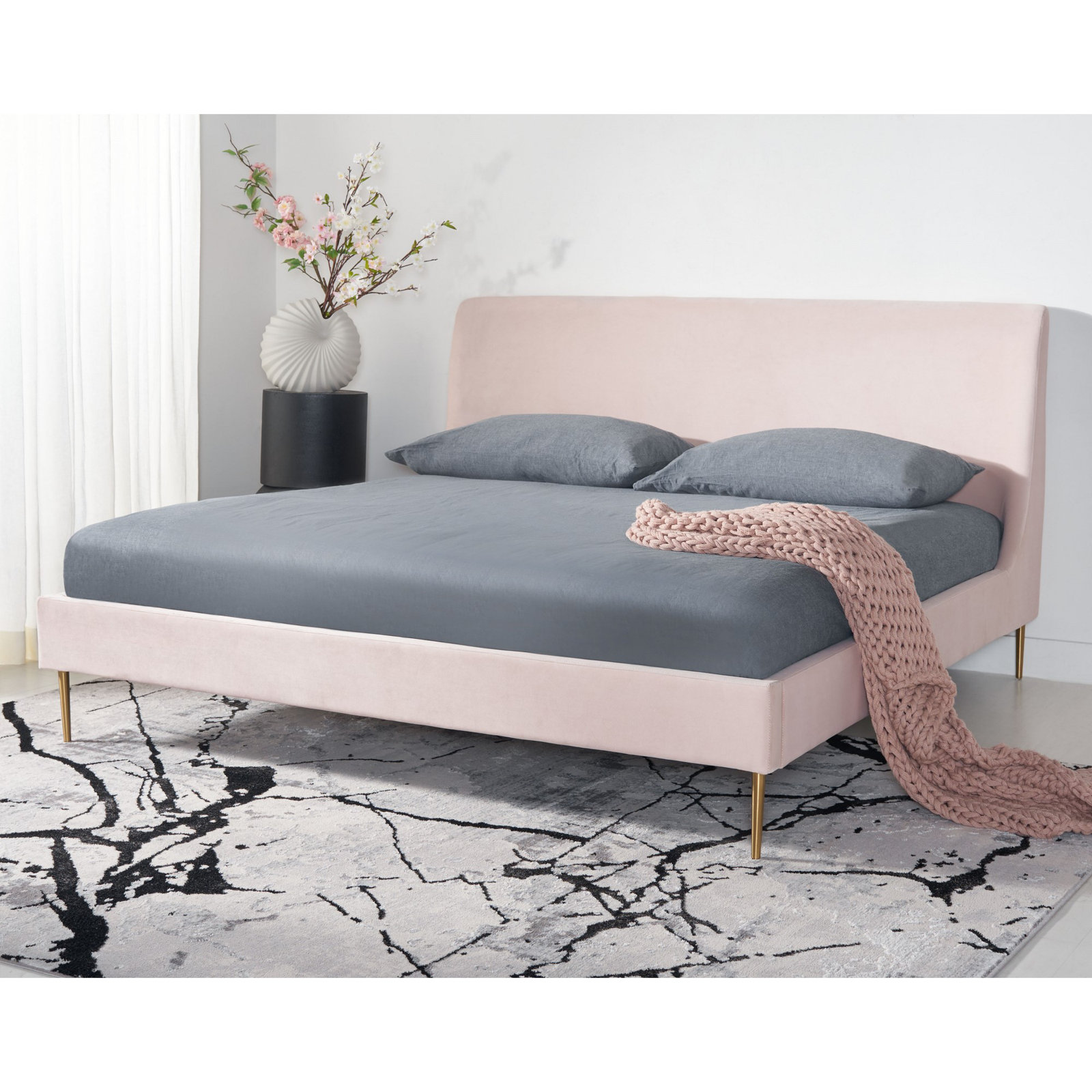 Venedy Upholstered Wingback Bed, Queen, Blush Velvet