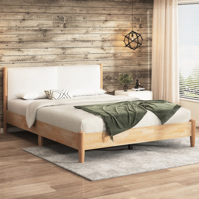 Base de lit en bois naturel pour grand lit avec tête de lit tapissier blanc confortable, lattes silencieuses pour un sommeil tranquille et paisible, sans sommier tapissier, plateforme robuste pour minimiser le bruit,