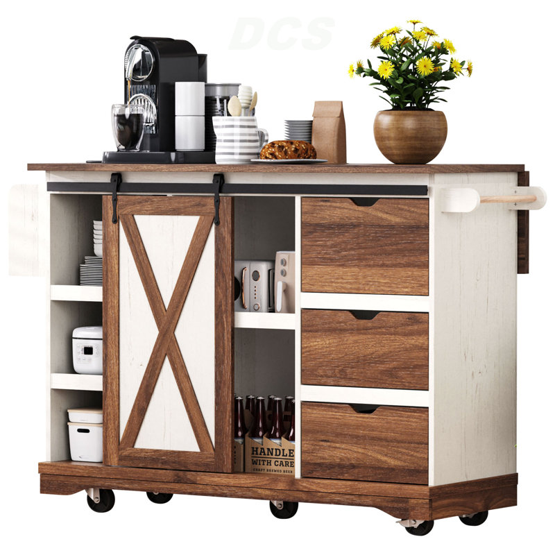 55.5" Farmhouse Kitchen Island With Drop Leaf, Kitchen Storage Island With Barn Door, Power Outlet, Rolling Kitchen Cart On Wheels With Spice Rack, For Home, Kitchen, Dining Room, White, Kitchen Island
