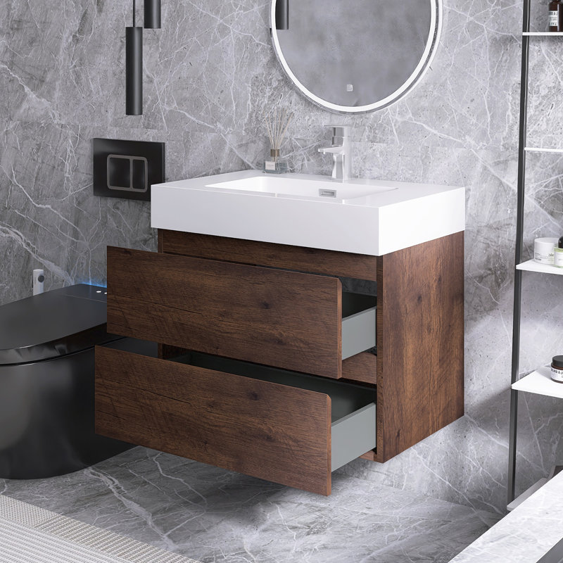 30 in. Single Wall Mounted Bathroom Vanity with Top, Walnut