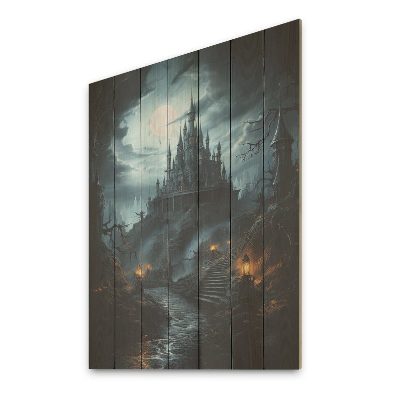 Château hanté à la tombée de la nuit II - impression de châteaux sur bois, H 44 po x l 34 po
