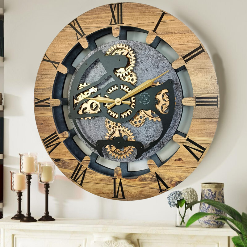 Wall Clock 24" Round Oversized for Living Room decor with Real Moving Gears Canada Collection, Wood Stone