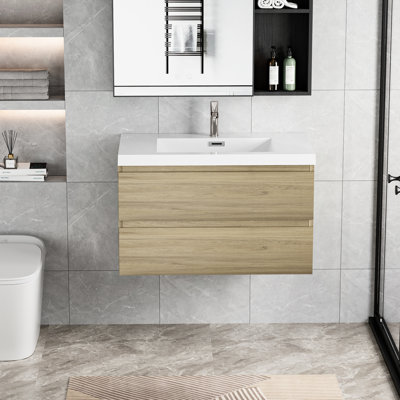 Meuble-lavabo flottant avec lavabo en résine, armoire en chêne naturel et tiroirs de rangement confortables