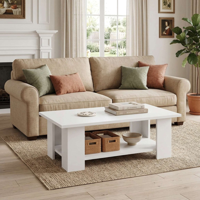 Grande table basse robuste en bois massif moderne de 41 pouces à 2 niveaux avec grande tablette de rangement ouverte pour le salon