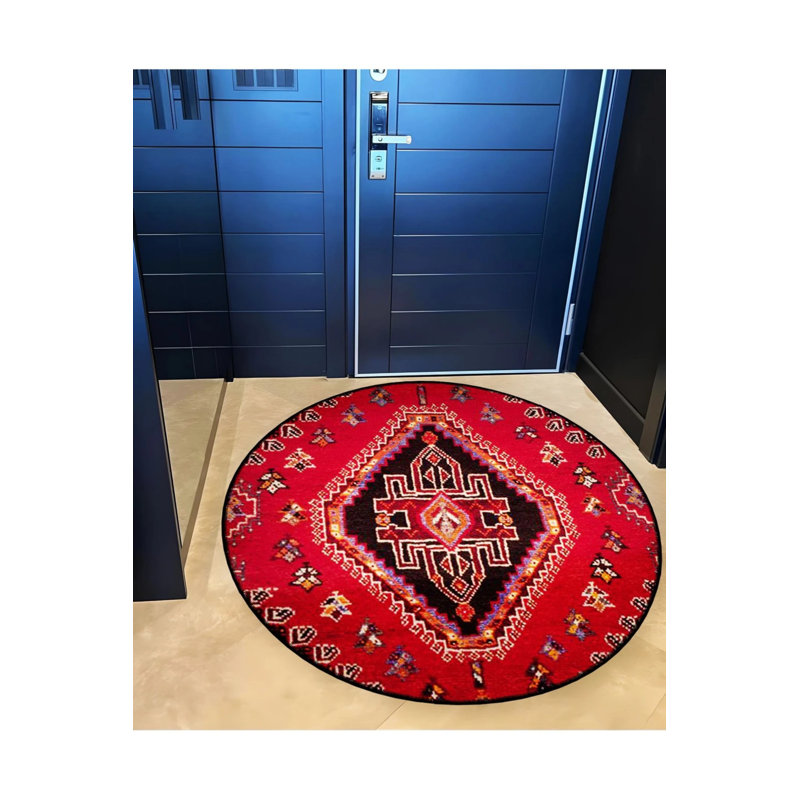 Red Theme Ethnic Motif Traditional Patterned Round Woven Base Vintage Decorative Carpet, Round 2'8"