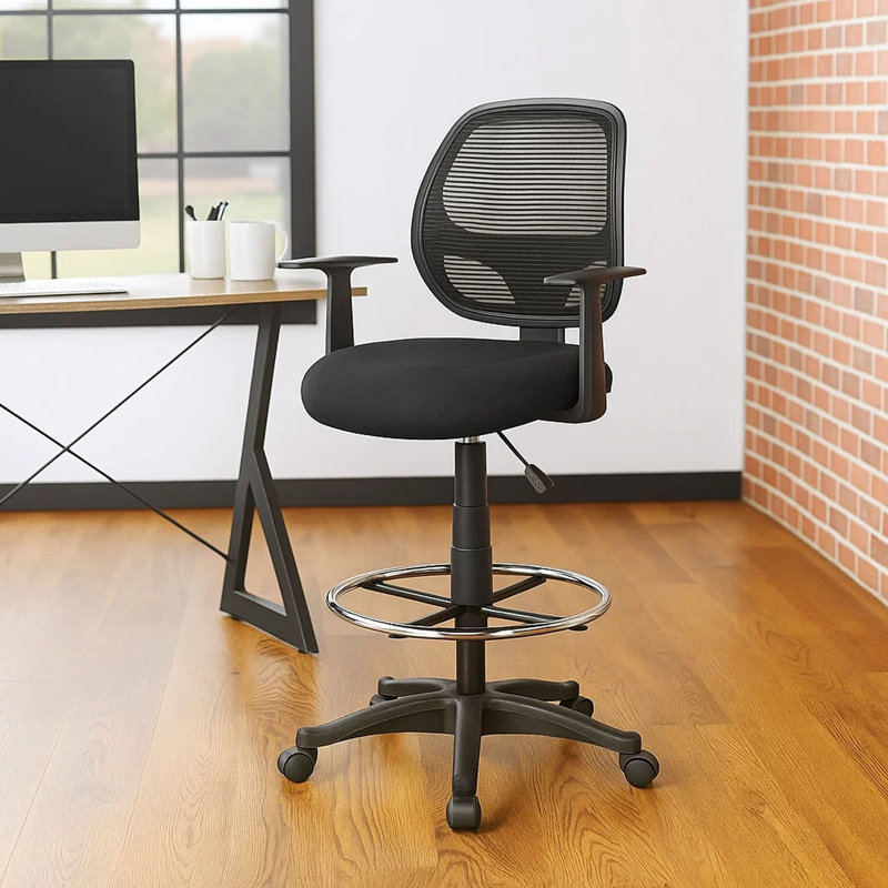 Lem Swivel Office Stool With T Arms, Footring, Black Linear Mesh Back