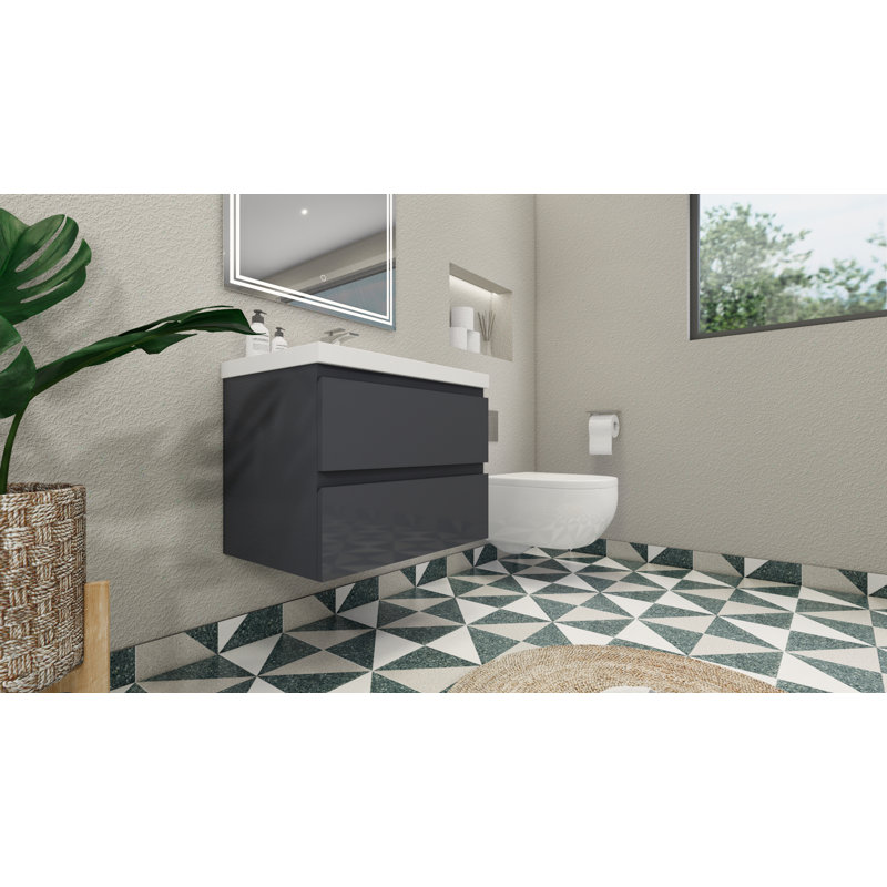Ensemble de meuble-lavabo simple mural Ninel 30, Gris lustré