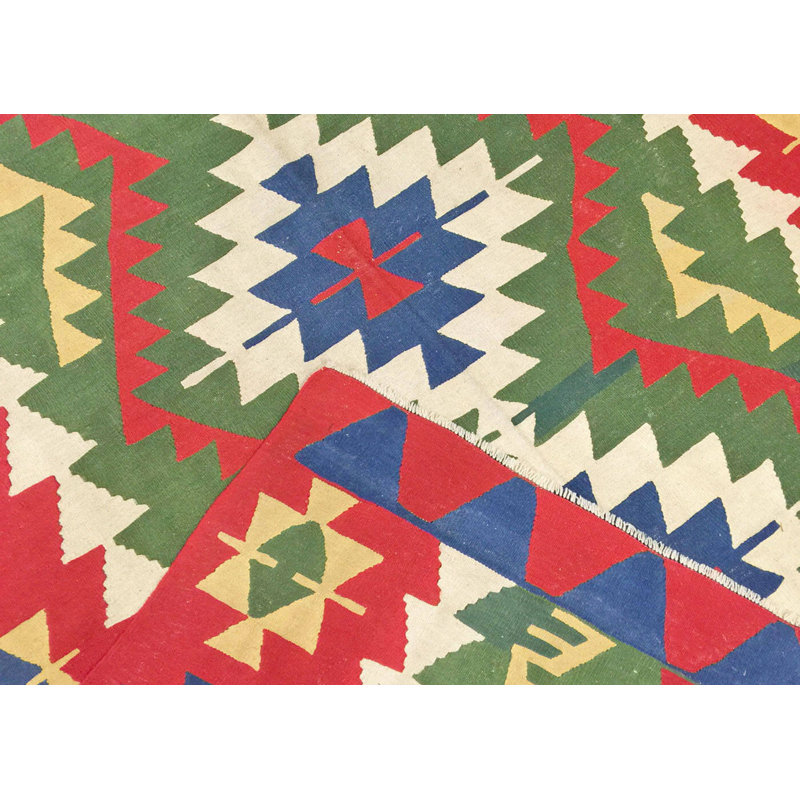 Tapis unique en laine noué à la main de style années 1960 de 6 pi 1 po x 7 pi 10 po vert / rouge / bleu