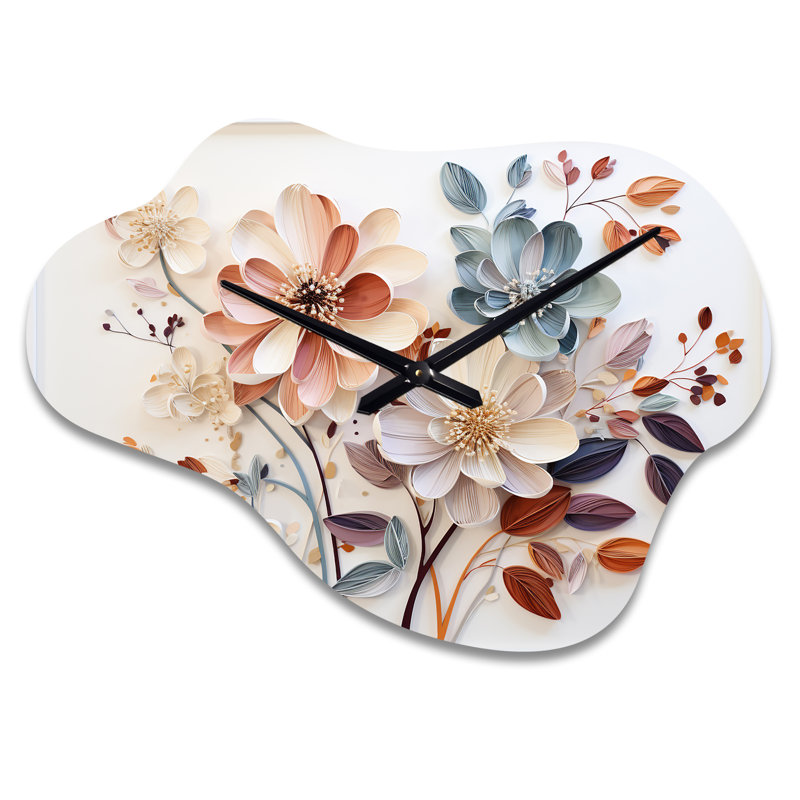 Collage botanique blanc - horloge murale en métal Botanicals, impression d'horloge murale asymétrique moderne, Grand