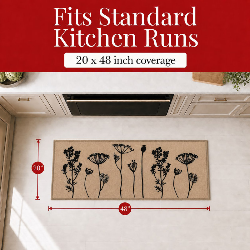Wildflowers Long Runner Kitchen Mat, Tan/Black