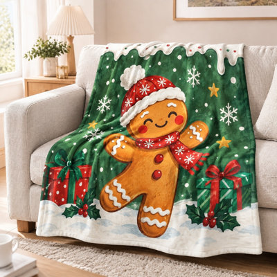 1Pcs Cute Gingerbread Man Christmas Blanket – Festive Single-Sided Print;Cozy and Warm DesignMachine WashablePerfect for Holiday Home DecorGreat Living Room BedroomIdeal Winter SnugglesA Wonderful Gift Idea. Bedding