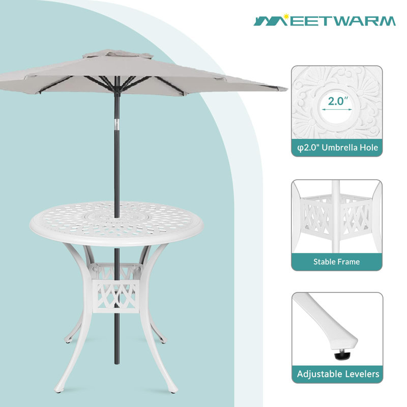 Darby Home Co 3 Piece Patio Bistro Set, Outdoor All-Weather Cast Aluminum Dining Furniture Set Includes 2 Chairs And A 31" Round Table With Umbrella Hole For Garden Deck