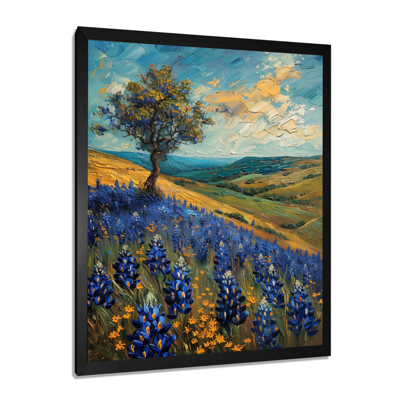 «Blue Green Morning Magic Blue Bonnets Fields» - art mural Bonnets bleus, H 12 po x l 20 po, Cadre simple noir