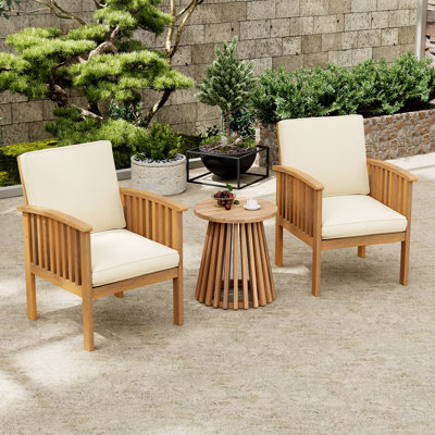 Mina Outdoor 3-Piece Acacia Wood Conversation Set With Removable Cushions by Lark Manor