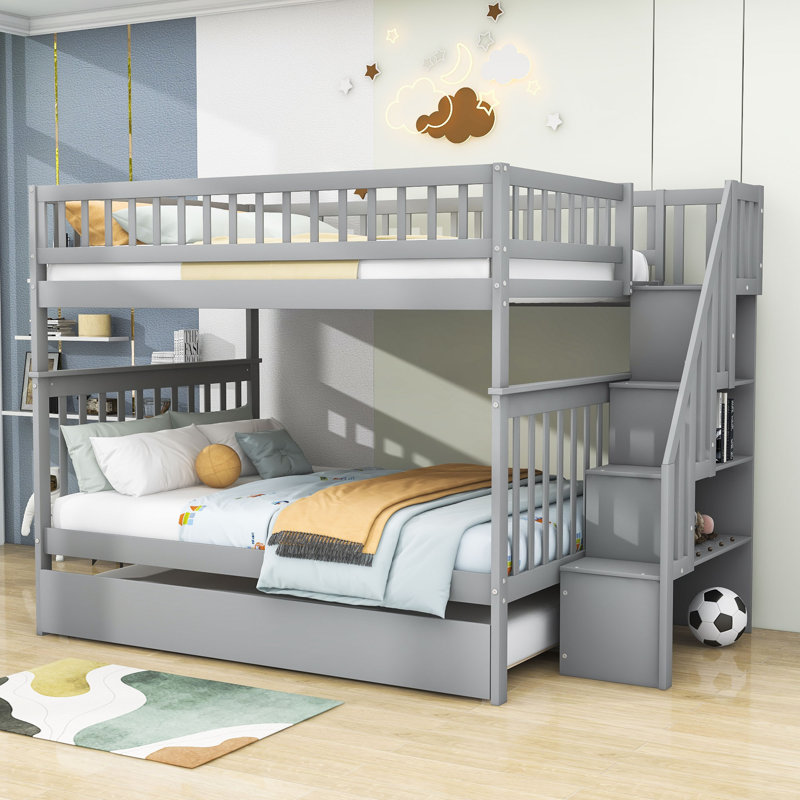 Lit superposé simple au-dessus de double avec lit gigogne pour enfants Iguon, gris