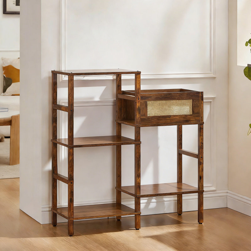 3-Tier Record Player Stand, Vintage Brown Wood With Rattan, Vinyl Storage For 300+ Albums, For Living Room, Brown