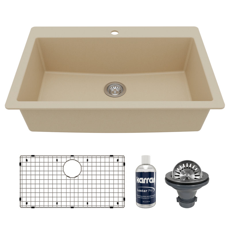 Karran Quartz 33'' X 22'' Large Single Bowl Drop-in Kitchen Sink With Bottom Grid and Strainer, Bisque