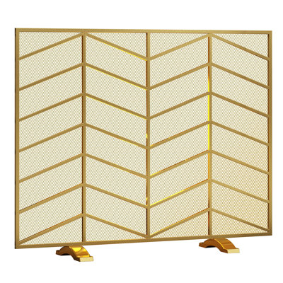 Single Panel Handcrafted Wrought Iron Mesh Chevron Fireplace Screen, Fire Spark Guard For Living Room, Bedroom Decor(Golden)