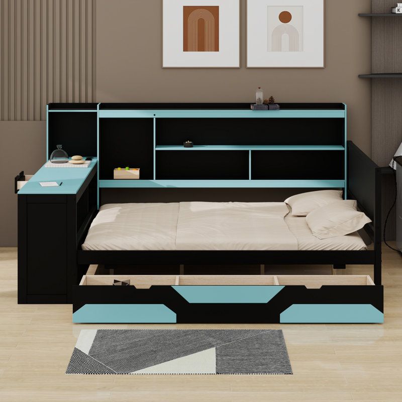 Multi-Functional Gaming Daybed with Desk,  3 Storage Drawers, Built-in Charging Station and Headboard, Black+Blue