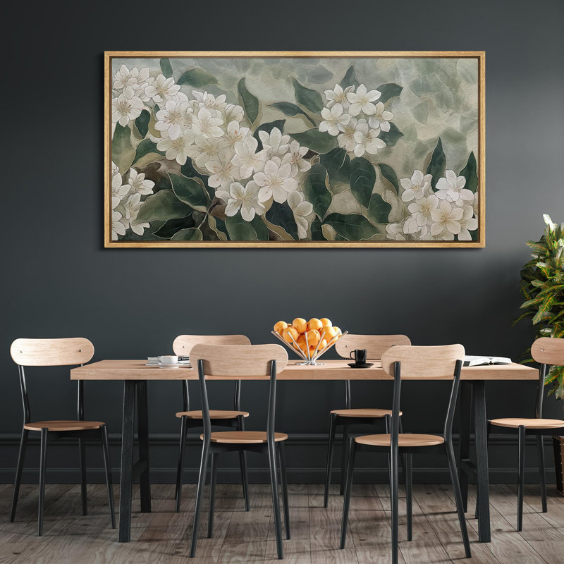 Délicates fleurs blanches avec feuillage vert, illustrations rétro, prêt à accrocher, H 30 po x l 60 po, Naturel