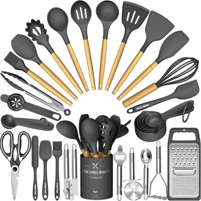 34-Piece Silicone Kitchen Utensil Set With Vintage Wooden Handles - Complete Cooking Essentials