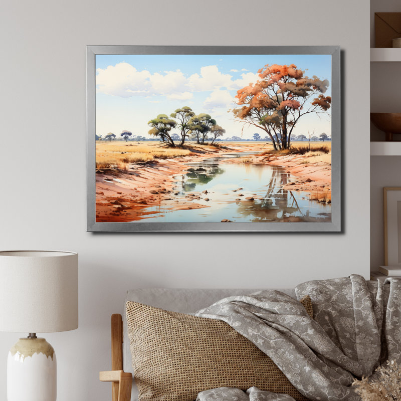 Paysage africain beige et vert sur toile, Cadre simple argenté, H 34 po x l 44 po x P 1,5 po