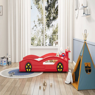 Wooden Race Car Bed,Car-Shaped Platform Bed with Wheels For Teens