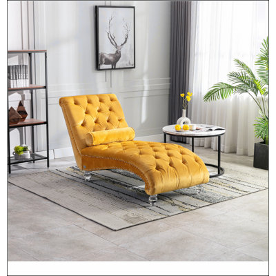 Velvet Chaise Lounge Indoor,Button-Tufted Upholstered Chaise Lounge Chair with Pillow for Bedroom Living Room Office