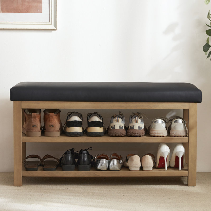 Hahnville Faux Leather Upholstered Storage Shoe Bench, 21.3" H x 39.9" W x 13.8" D, Black