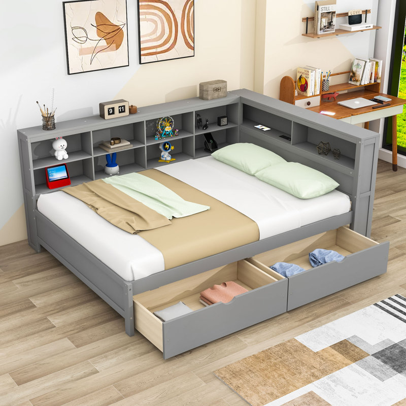 Broadview Wooden DayBed with 2 Drawers and Storage and USB, Gray